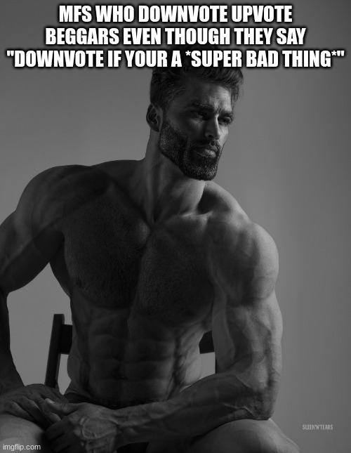 Giga Chad | MFS WHO DOWNVOTE UPVOTE BEGGARS EVEN THOUGH THEY SAY ''DOWNVOTE IF YOUR A *SUPER BAD THING*'' | image tagged in giga chad | made w/ Imgflip meme maker