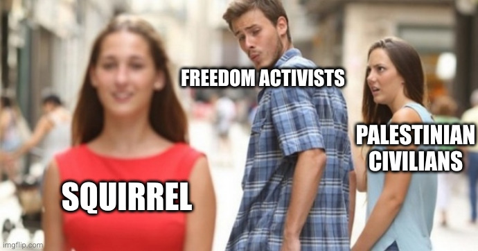 Man and 2 girls | FREEDOM ACTIVISTS; PALESTINIAN
CIVILIANS; SQUIRREL | image tagged in man and 2 girls | made w/ Imgflip meme maker