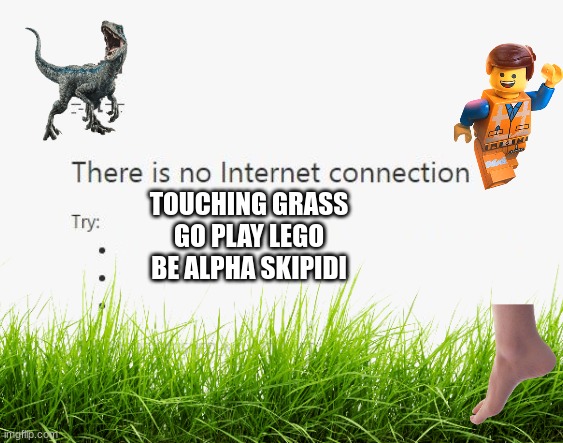 go touch grass | TOUCHING GRASS
GO PLAY LEGO
BE ALPHA SKIPIDI | image tagged in no internet,touch grass,lego,dinosaur game,ohio rizz,skipidi beta | made w/ Imgflip meme maker