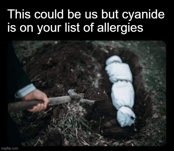 This could be us but cyanide is on your list of allergies | image tagged in dark humor,funny,nsfw | made w/ Imgflip meme maker