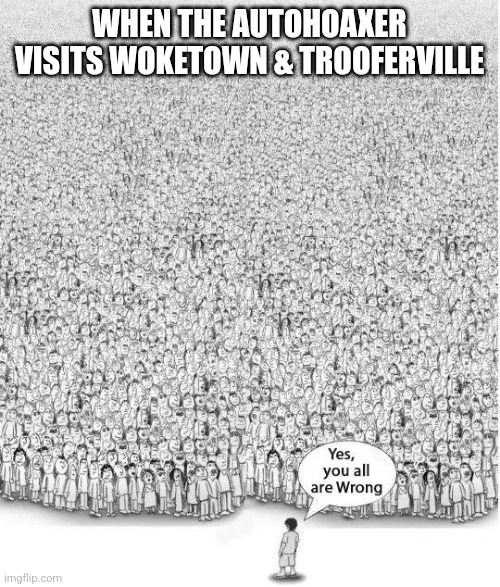 The autohoaxer | WHEN THE AUTOHOAXER VISITS WOKETOWN & TROOFERVILLE | image tagged in autohoax,normies,troofers | made w/ Imgflip meme maker