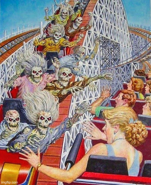 Wave At The Dedmocrats ! | image tagged in skeleton roller coaster,political meme,politics,funny memes,funny | made w/ Imgflip meme maker