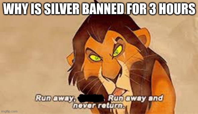 Run away, x. Run away and never return | WHY IS SILVER BANNED FOR 3 HOURS | image tagged in run away x run away and never return | made w/ Imgflip meme maker