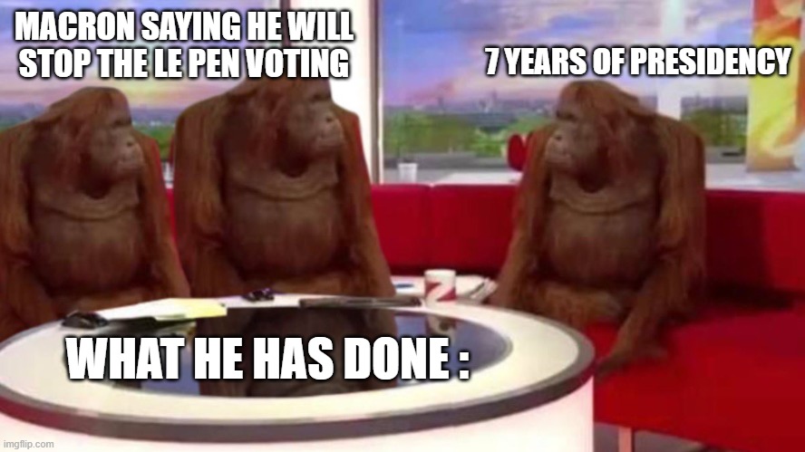 Macron's actions | MACRON SAYING HE WILL STOP THE LE PEN VOTING; 7 YEARS OF PRESIDENCY; WHAT HE HAS DONE : | image tagged in orangutan interview | made w/ Imgflip meme maker