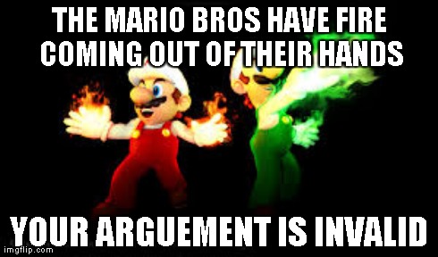 THE MARIO BROS HAVE FIRE COMING OUT OF THEIR HANDS YOUR ARGUEMENT IS INVALID | made w/ Imgflip meme maker