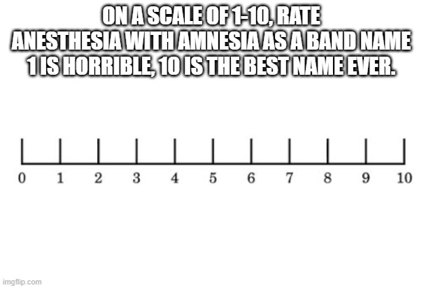 ON A SCALE OF 1-10, RATE ANESTHESIA WITH AMNESIA AS A BAND NAME 1 IS HORRIBLE, 10 IS THE BEST NAME EVER. | made w/ Imgflip meme maker