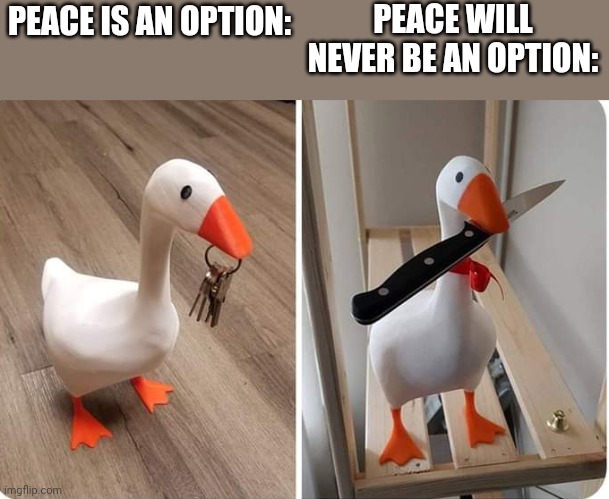 THE MAGNETIC GOOSE | PEACE WILL NEVER BE AN OPTION:; PEACE IS AN OPTION: | image tagged in untitled goose peace was never an option,goose | made w/ Imgflip meme maker