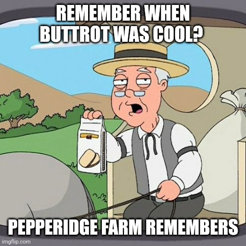 Remember Buttrot was cool | REMEMBER WHEN BUTTROT WAS COOL? PEPPERIDGE FARM REMEMBERS | image tagged in memes,pepperidge farm remembers,funny memes | made w/ Imgflip meme maker