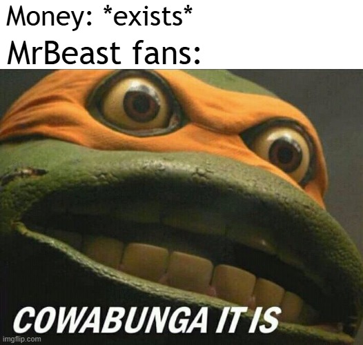 I found the MrBeast fan | Money: *exists*; MrBeast fans: | image tagged in cowabunga it is,memes,funny | made w/ Imgflip meme maker