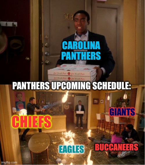 2024 panthers | CAROLINA PANTHERS; PANTHERS UPCOMING SCHEDULE:; CHIEFS; GIANTS; BUCCANEERS; EAGLES | image tagged in community fire pizza meme,carolina panthers,nfl | made w/ Imgflip meme maker