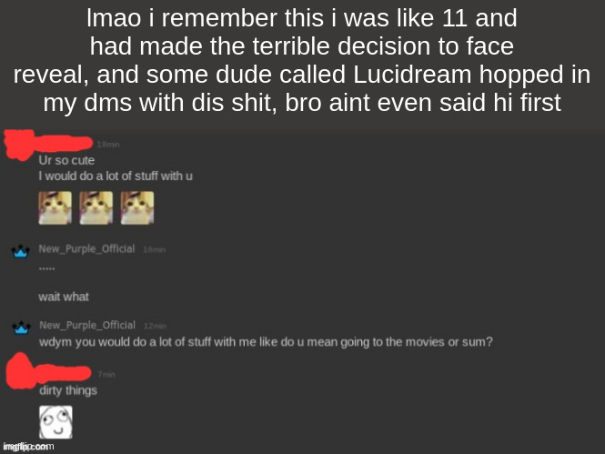 lmao i remember this i was like 11 and had made the terrible decision to face reveal, and some dude called Lucidream hopped in my dms with dis shit, bro aint even said hi first | made w/ Imgflip meme maker