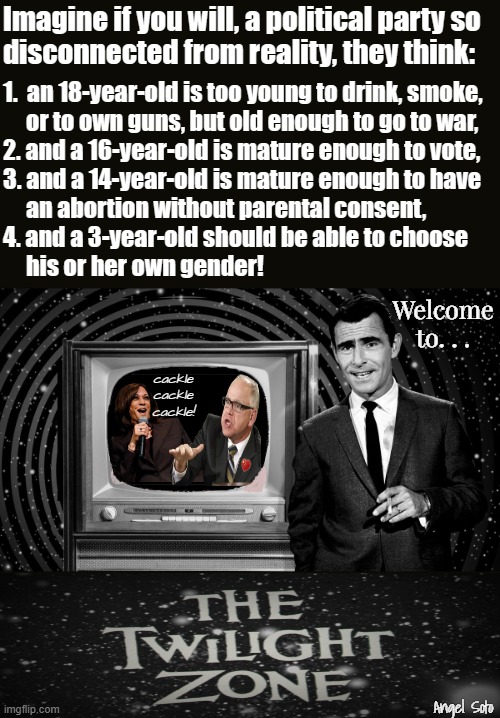 The democrats in the twilight zone | Imagine if you will, a political party so
disconnected from reality, they think:; 1.  an 18-year-old is too young to drink, smoke,
     or to own guns, but old enough to go to war,
2. and a 16-year-old is mature enough to vote,
3. and a 14-year-old is mature enough to have
     an abortion without parental consent,
4. and a 3-year-old should be able to choose
     his or her own gender! Welcome
to. . . cackle
cackle
cackle! Angel Soto | image tagged in democrat party in the twilight zone,democrat party,kamala harris,tim walz,democrats,the twilight zone | made w/ Imgflip meme maker