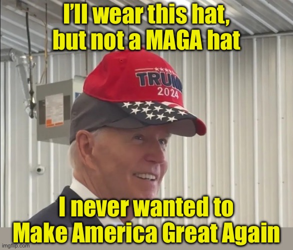 Pro Trump, Anti America | I’ll wear this hat,
but not a MAGA hat; I never wanted to Make America Great Again | image tagged in maga joe,trump | made w/ Imgflip meme maker