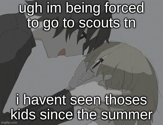 avogado6 depression | ugh im being forced to go to scouts tn; i havent seen thoses kids since the summer | image tagged in avogado6 depression | made w/ Imgflip meme maker