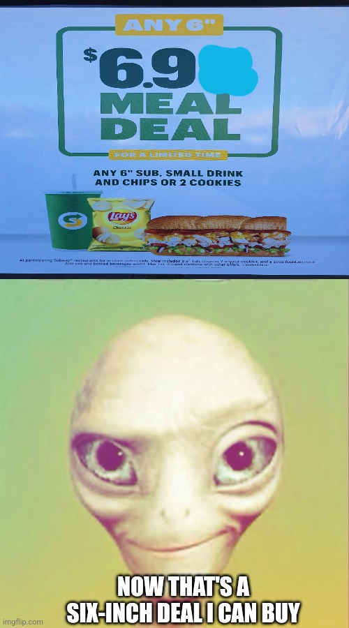 oh yeah... | NOW THAT'S A SIX-INCH DEAL I CAN BUY | image tagged in freaky ahh alien,sus,dark humor,subway,lol so funny | made w/ Imgflip meme maker