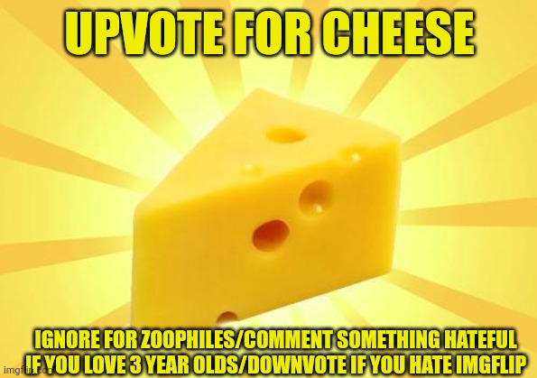 Cheese Time | UPVOTE FOR CHEESE; IGNORE FOR ZOOPHILES/COMMENT SOMETHING HATEFUL IF YOU LOVE 3 YEAR OLDS/DOWNVOTE IF YOU HATE IMGFLIP | image tagged in cheese time | made w/ Imgflip meme maker