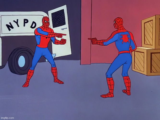 Two Spidermen pointing at each other | image tagged in two spidermen pointing at each other | made w/ Imgflip meme maker