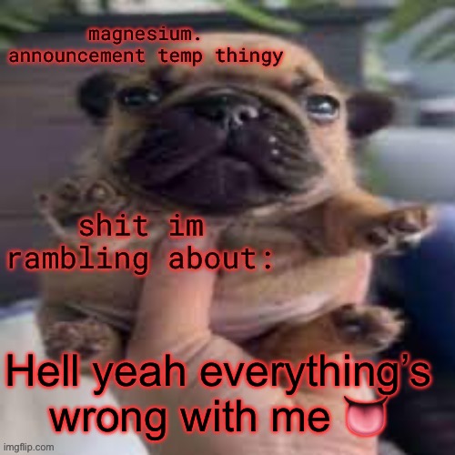 pug temp | Hell yeah everything’s wrong with me 👅 | image tagged in pug temp | made w/ Imgflip meme maker