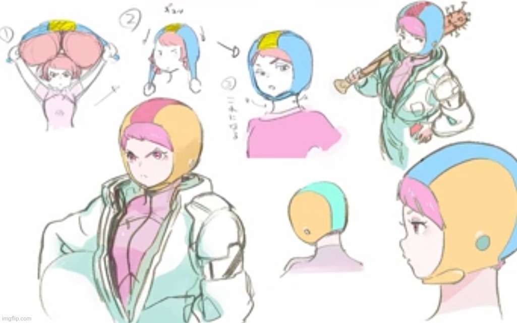 Some concept art showing how the hell chuchu fits her hair into her helmet | made w/ Imgflip meme maker