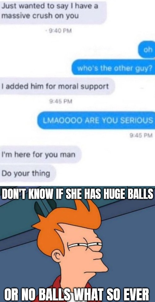 Safe Space Extreme | DON'T KNOW IF SHE HAS HUGE BALLS; OR NO BALLS WHAT SO EVER | image tagged in memes,futurama fry,funny,chat | made w/ Imgflip meme maker