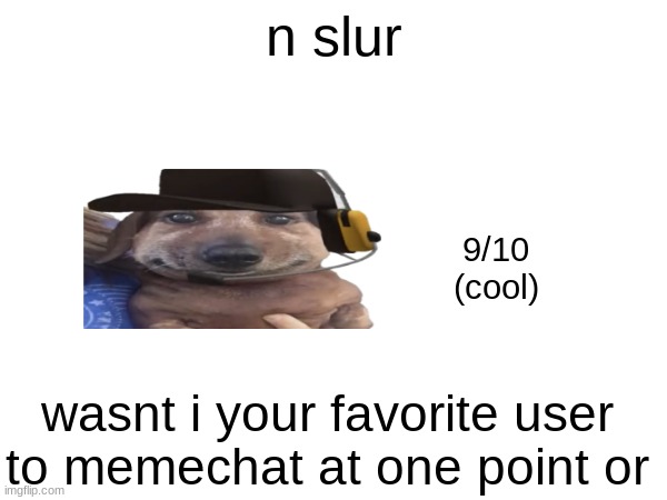 n slur; 9/10
(cool); wasnt i your favorite user to memechat at one point or | made w/ Imgflip meme maker