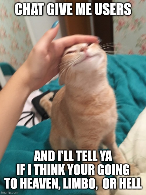 Most of you mfs are going to h-e- double hockey sticks | CHAT GIVE ME USERS; AND I'LL TELL YA IF I THINK YOUR GOING TO HEAVEN, LIMBO,  OR HELL | image tagged in cat pat | made w/ Imgflip meme maker