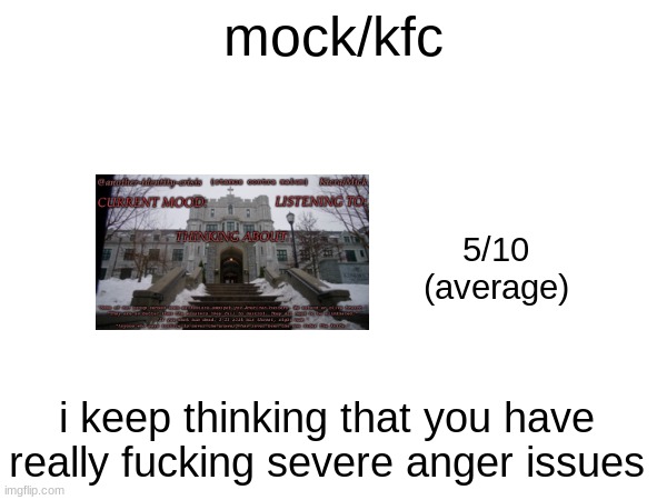 mock/kfc; 5/10
(average); i keep thinking that you have really fucking severe anger issues | made w/ Imgflip meme maker