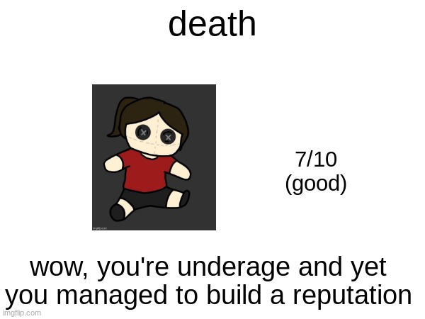 death; 7/10
(good); wow, you're underage and yet you managed to build a reputation | made w/ Imgflip meme maker
