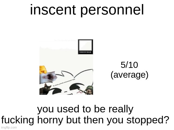 inscent personnel; 5/10
(average); you used to be really fucking horny but then you stopped? | made w/ Imgflip meme maker