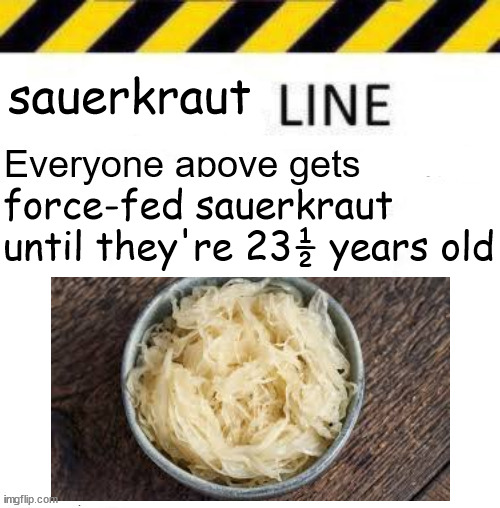 _____ line | sauerkraut; force-fed sauerkraut until they're 23½ years old | image tagged in _____ line | made w/ Imgflip meme maker