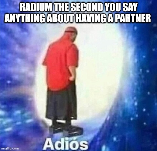 Adios | RADIUM THE SECOND YOU SAY ANYTHING ABOUT HAVING A PARTNER | image tagged in adios | made w/ Imgflip meme maker