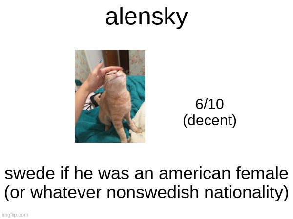 alensky; 6/10
(decent); swede if he was an american female (or whatever nonswedish nationality) | made w/ Imgflip meme maker