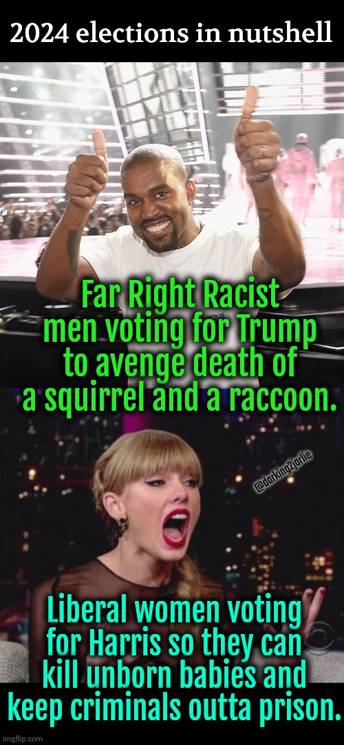 The Far Right always loves animals more than minorities. Criminals are people too. | 2024 elections in nutshell; Far Right Racist men voting for Trump to avenge death of a squirrel and a raccoon. @darking2jarlie; Liberal women voting for Harris so they can kill unborn babies and keep criminals outta prison. | image tagged in liberals,liberal logic,donald trump,kamala harris,america,trump | made w/ Imgflip meme maker