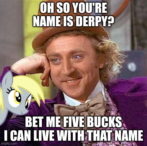 Why is it named that anyway? | OH SO YOU'RE NAME IS DERPY? BET ME FIVE BUCKS I CAN LIVE WITH THAT NAME | image tagged in memes,creepy condescending wonka | made w/ Imgflip meme maker