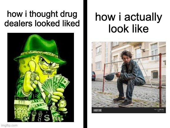 me | how i thought drug dealers looked liked; how i actually look like | image tagged in blank white template | made w/ Imgflip meme maker