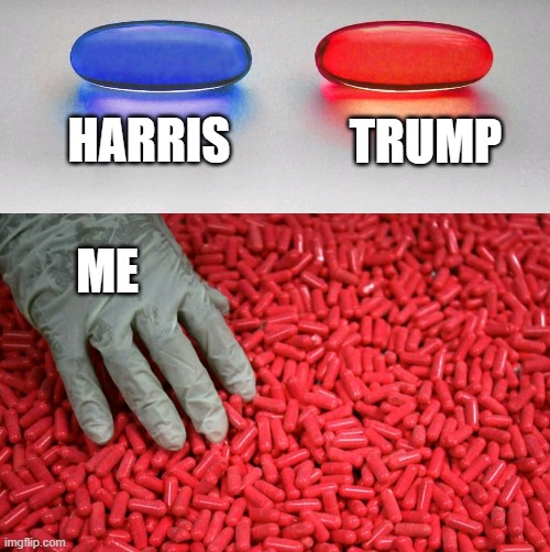 Blue or red pill | HARRIS TRUMP ME | image tagged in blue or red pill | made w/ Imgflip meme maker