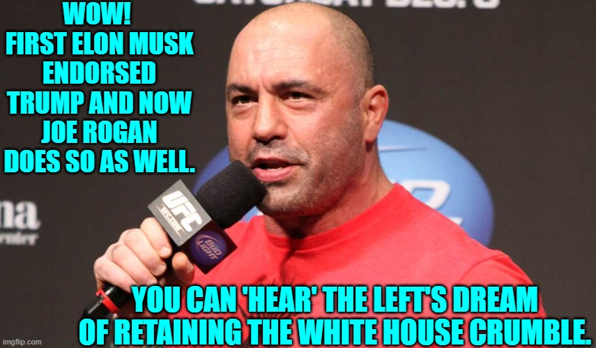 I honestly did not think Rogan would endorse Trump.  Color me . . . shocked. | WOW!  FIRST ELON MUSK ENDORSED TRUMP AND NOW JOE ROGAN DOES SO AS WELL. YOU CAN 'HEAR' THE LEFT'S DREAM OF RETAINING THE WHITE HOUSE CRUMBLE. | image tagged in yep | made w/ Imgflip meme maker