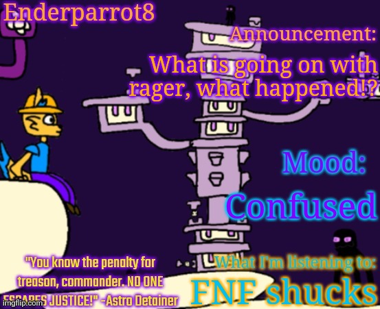 Enderparrot8 announcement | What is going on with rager, what happened!? Confused; FNF shucks | image tagged in enderparrot8 announcement | made w/ Imgflip meme maker