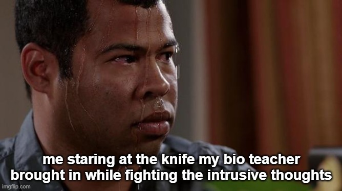 ok gn fr | me staring at the knife my bio teacher brought in while fighting the intrusive thoughts | image tagged in sweating bullets | made w/ Imgflip meme maker