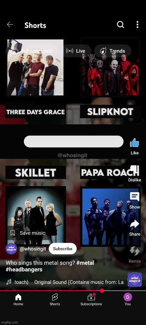 Guess which one of these i listen to | image tagged in papa roach,slipknot,three days grace,skillet | made w/ Imgflip meme maker