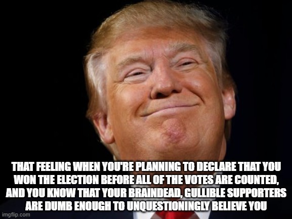 They were dumb enough to fall for it in 2020. Are they dumb enough to fall for it again in 2024? | THAT FEELING WHEN YOU'RE PLANNING TO DECLARE THAT YOU
WON THE ELECTION BEFORE ALL OF THE VOTES ARE COUNTED,
AND YOU KNOW THAT YOUR BRAINDEAD, GULLIBLE SUPPORTERS
ARE DUMB ENOUGH TO UNQUESTIONINGLY BELIEVE YOU | image tagged in trump smug,trump supporters,maga,trump lies,presidential election,gullible | made w/ Imgflip meme maker