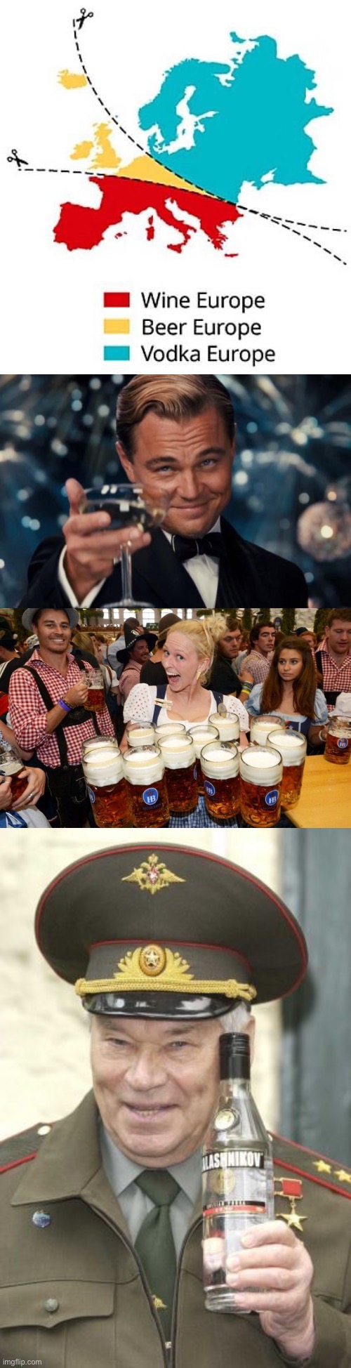 Drinks of Europe | image tagged in memes,leonardo dicaprio cheers,german beer garden,kalashnikov vodka | made w/ Imgflip meme maker