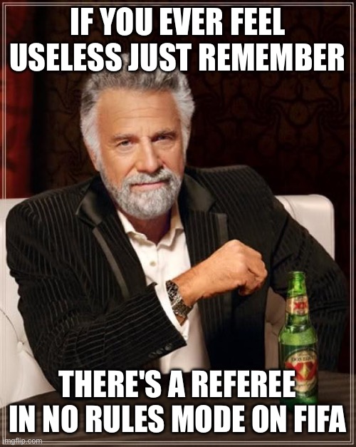 Fr why is he there!? | IF YOU EVER FEEL USELESS JUST REMEMBER; THERE'S A REFEREE IN NO RULES MODE ON FIFA | image tagged in memes,the most interesting man in the world | made w/ Imgflip meme maker