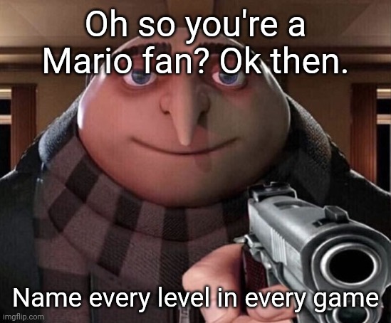 Gru Gun | Oh so you're a Mario fan? Ok then. Name every level in every game | image tagged in gru gun | made w/ Imgflip meme maker