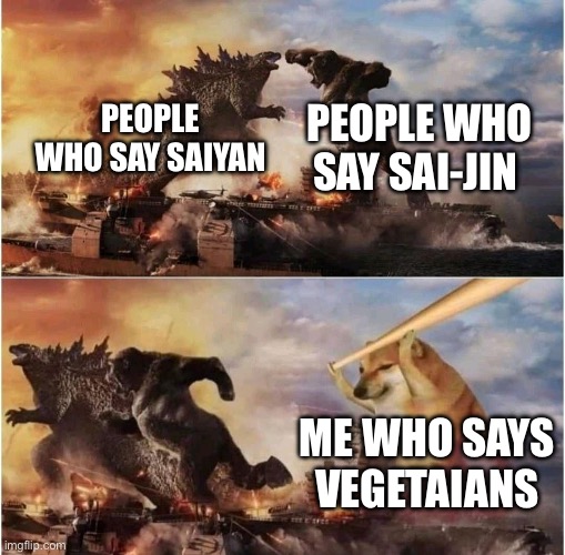 I’m not wrong! | PEOPLE WHO SAY SAI-JIN; PEOPLE WHO SAY SAIYAN; ME WHO SAYS VEGETAIANS | image tagged in kong godzilla doge | made w/ Imgflip meme maker