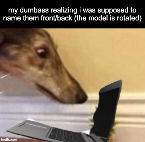 fucking dipshit | my dumbass realizing i was supposed to name them front/back (the model is rotated) | image tagged in dog staring at computer | made w/ Imgflip meme maker