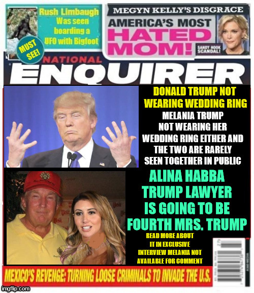 National Enquirer Trump's Affair dumping Melania | image tagged in trump's affair dumping melania,melania is missing,donald says a ring doesn't plug any holes,alina will visit trump in jail | made w/ Imgflip meme maker