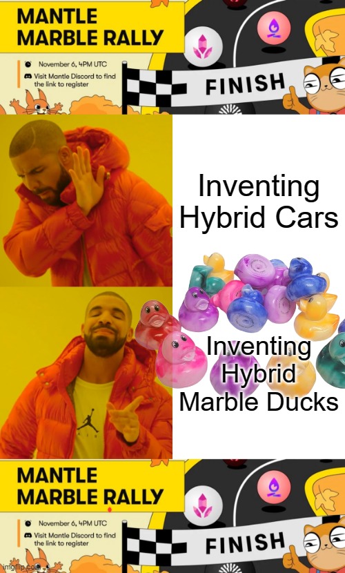 Inventing Hybrid Cars; Inventing Hybrid Marble Ducks | image tagged in memes,drake hotline bling,marble race | made w/ Imgflip meme maker