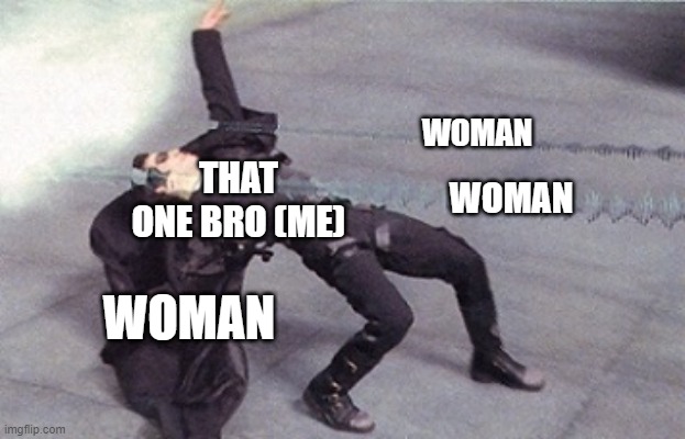 me fr | WOMAN; THAT ONE BRO (ME); WOMAN; WOMAN | image tagged in neo dodging a bullet matrix,men | made w/ Imgflip meme maker