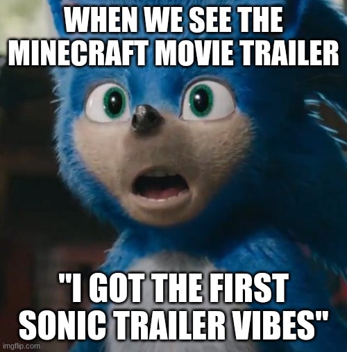 #1stSonicTrailerVibes | WHEN WE SEE THE MINECRAFT MOVIE TRAILER; "I GOT THE FIRST SONIC TRAILER VIBES" | image tagged in sonic movie,minecraft memes,movie | made w/ Imgflip meme maker